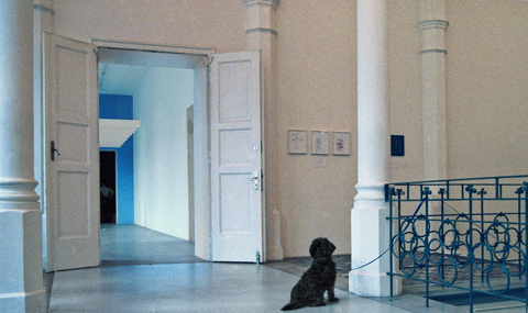 Kunstverein Hannover. Hannes Kater und Björn Melhus 2001 - Situation im Treppenhaus während der Ausstellung "Der Zeichnungsgenerator" 2001